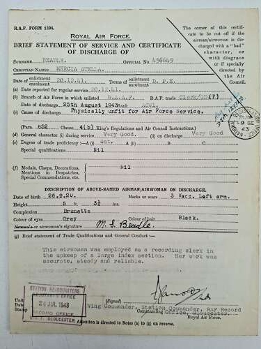 WW2 WAAF service discharge certificate