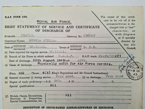 WW2 WAAF service discharge certificate