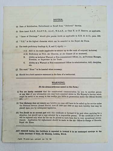 WW2 WAAF service discharge certificate