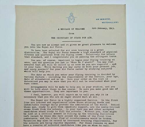 1943 air ministry RAF air crew welcome letter