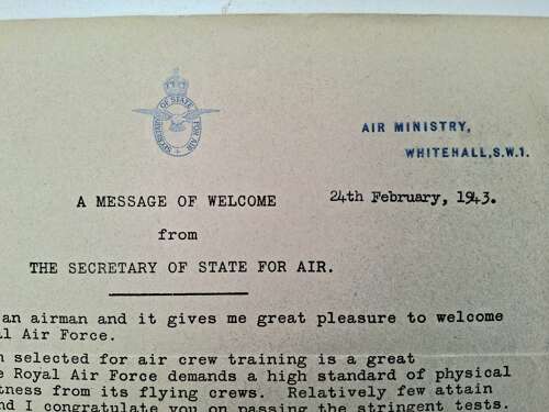 1943 air ministry RAF air crew welcome letter