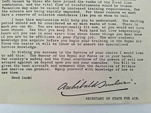 1943 air ministry RAF air crew welcome letter